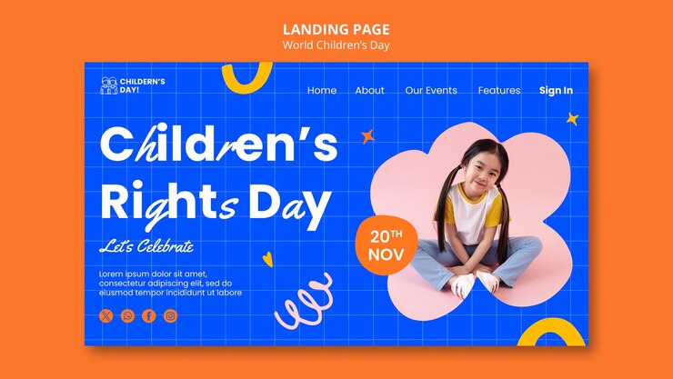 무료 PSD 평면 디자인 세계 어린이 날 방문 페이지