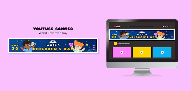 PSD gratuito banner di youtube per la giornata mondiale dei bambini dal design piatto