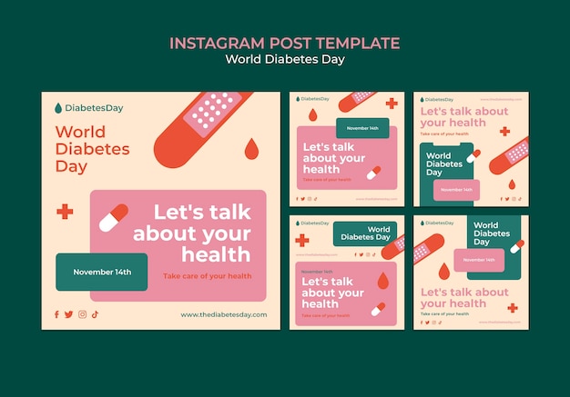 Free PSD flat design world diabetes day instagram posts