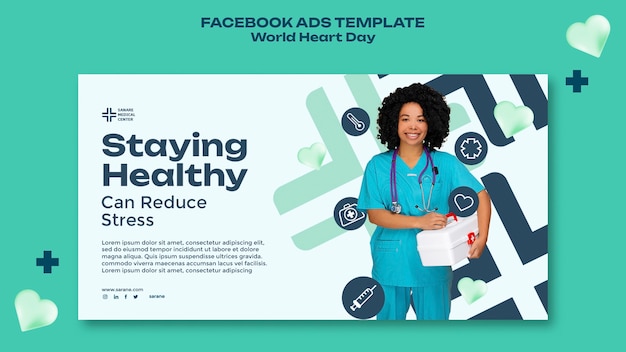 Flat design world heart day facebook template