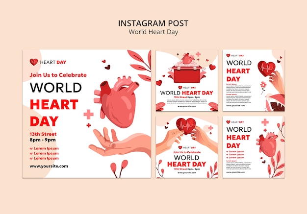 Free PSD flat design world heart day instagram posts