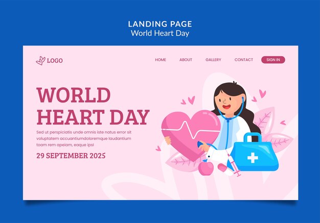 Flat design world heart day landing page