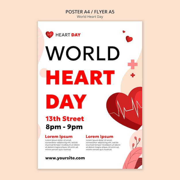 Бесплатный PSD Шаблон плаката всемирного дня сердца в плоском дизайне