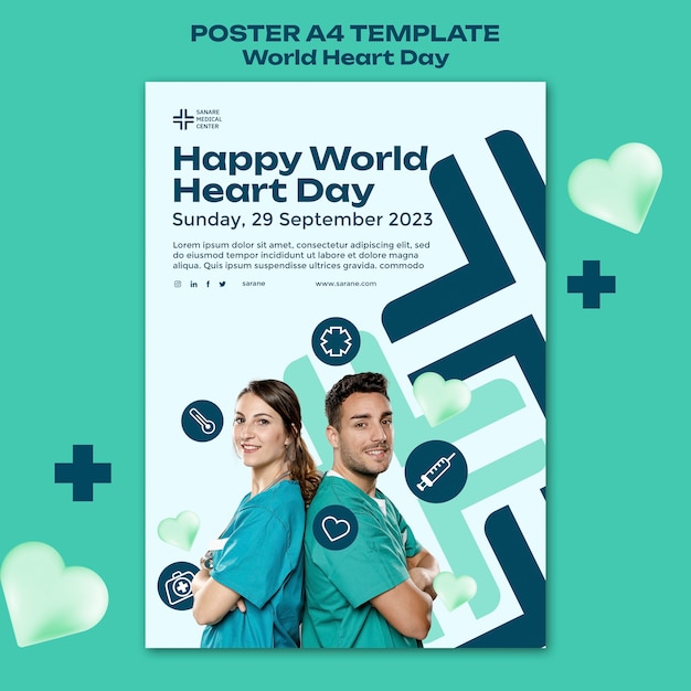 PSD gratuito modello di poster per la giornata mondiale del cuore di design piatto