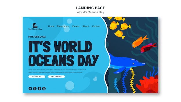 Flat design world oceans day landing page template