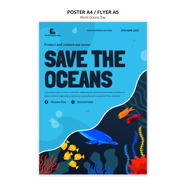 PSD gratuito modello di poster per la giornata mondiale degli oceani design piatto