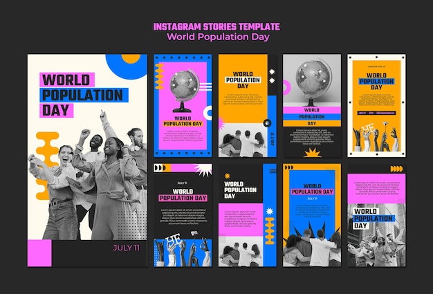 PSD gratuito storie di instagram per la giornata mondiale della popolazione di design piatto