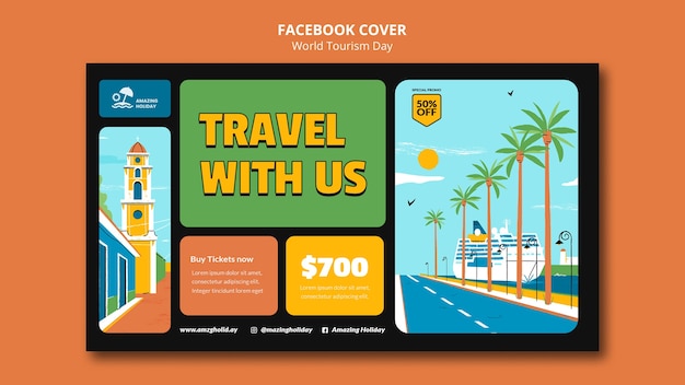 PSD gratuito modello di copertina di facebook per la giornata mondiale del turismo di design piatto