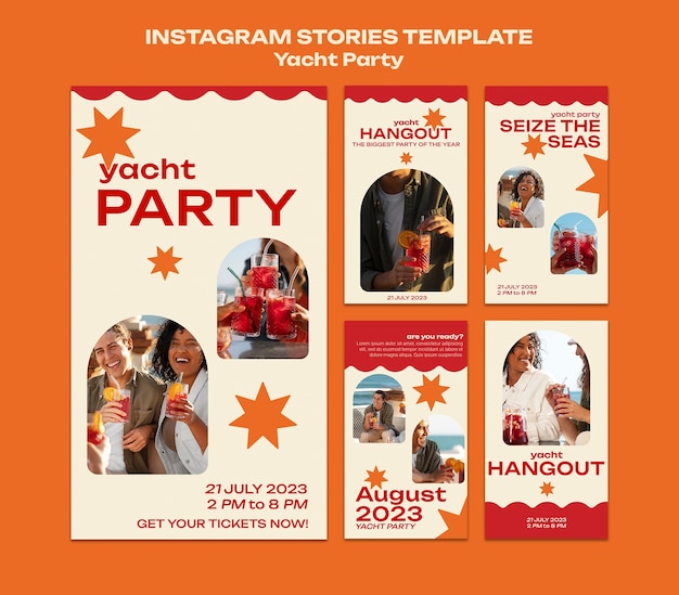 Бесплатный PSD instagram рассказы о вечеринке на яхте в плоском дизайне