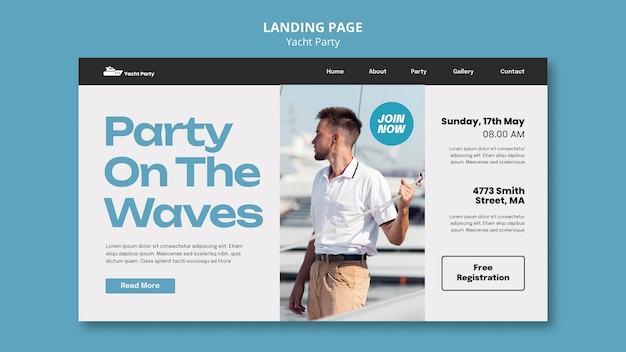 PSD gratuito modello di landing page per yacht party design piatto