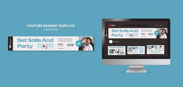 PSD gratuito modello di banner youtube per feste in yacht design piatto