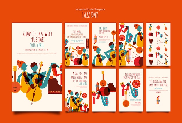 Flat jazz day instagram stories template set collection (collezione di modelli di storie di jazz)