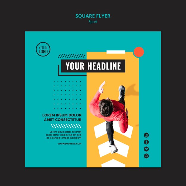 Flat lay running man square flyer template