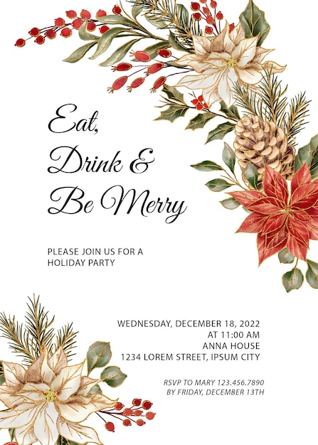 Free PSD floral gold invitation christmas party template