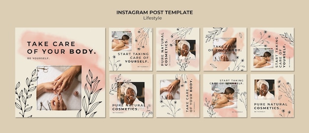 Бесплатный PSD Коллекция цветочных постов в instagram для центра красоты