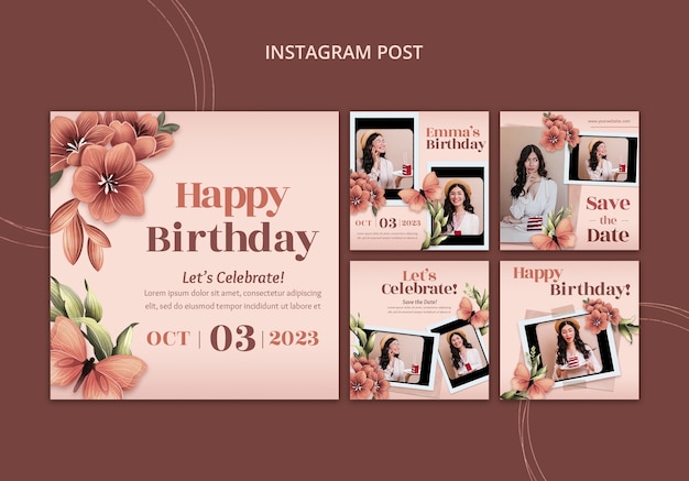 Бесплатный PSD Коллекция цветочных постов в instagram для празднования дня рождения