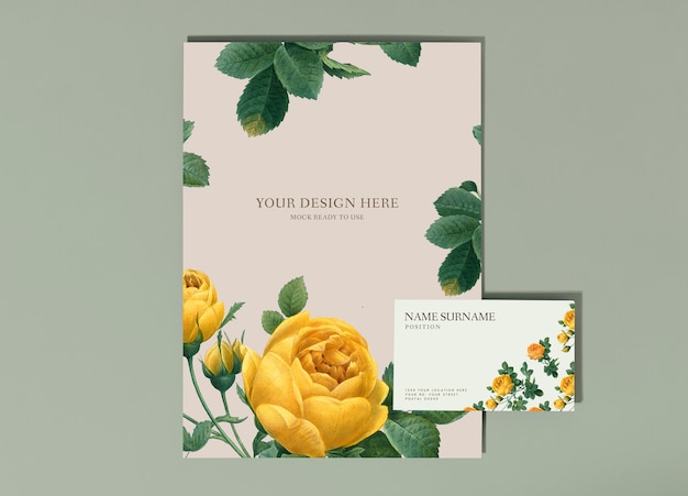 Free PSD floral poster and business card mockup