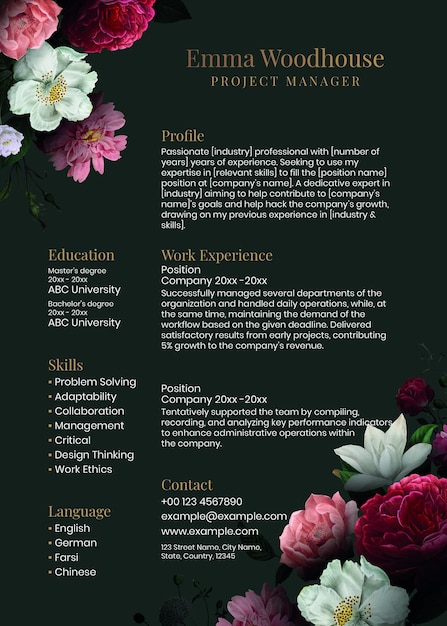 Floral resume editable template psd in green