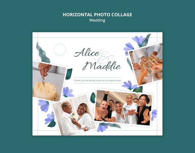 Floral wedding horizontal photo collage template