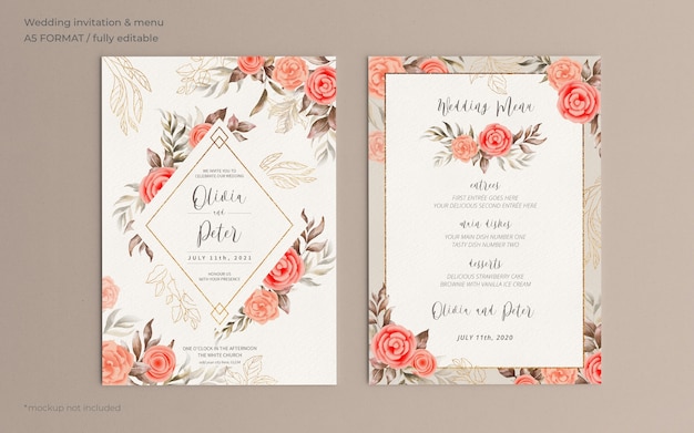 Цветочное свадебное приглашение и шаблон меню с мягкой природой