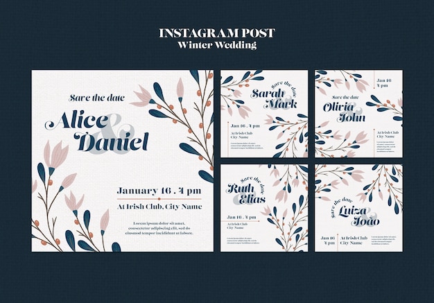 Collezione di post di instagram per matrimoni invernali floreali