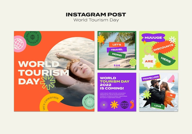 PSD gratuito set di post instagram per la giornata mondiale del turismo floreale