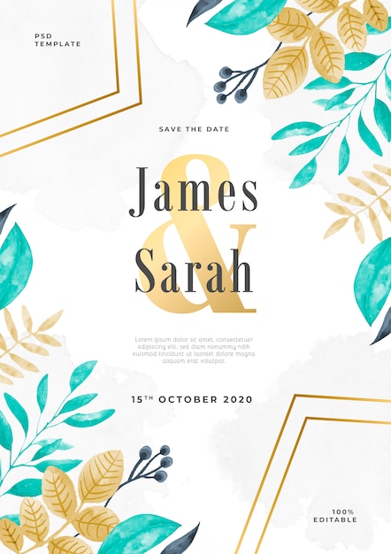 Free PSD florar watercolor wedding invitation psd template