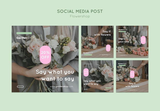 PSD gratuito set di post instagram del negozio di fiori