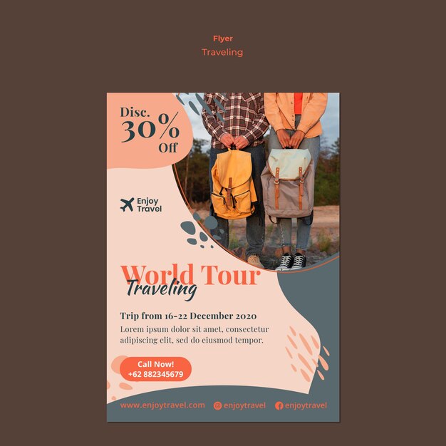 Flyer template for backpack traveling with couple