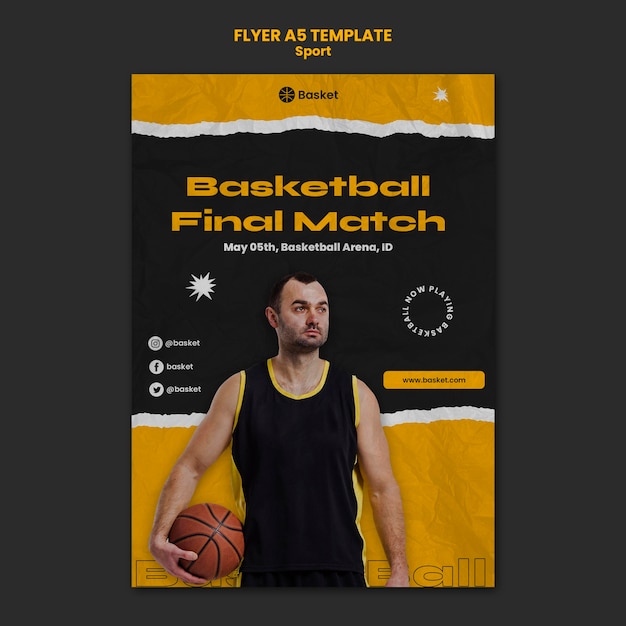 PSD gratuito modello di volantino per partita di basket con giocatore di sesso maschile