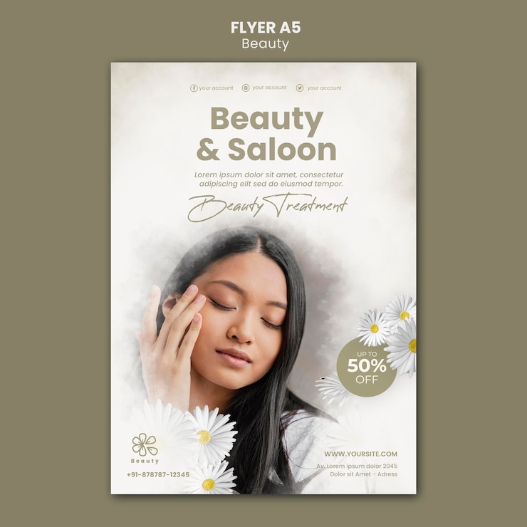 Free PSD flyer template for beauty and spa with woman and chamomile flowers