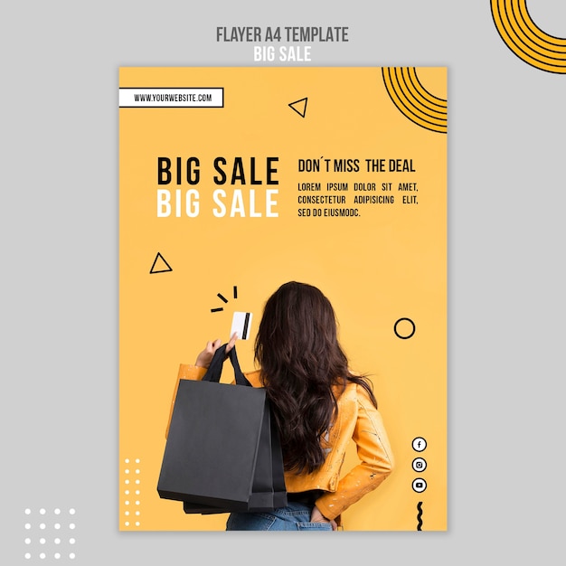 Free PSD flyer template for big sale with woman and shopping bags