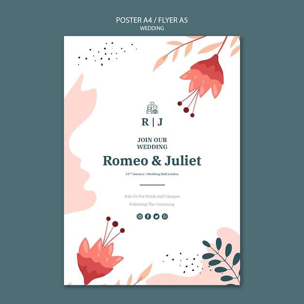 Flyer template for wedding with flowers