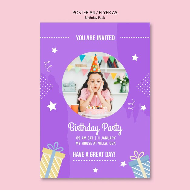 Flyer template with birthday invitation theme