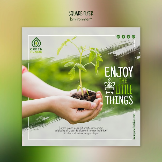 Flyer template with hands holding plant and soil