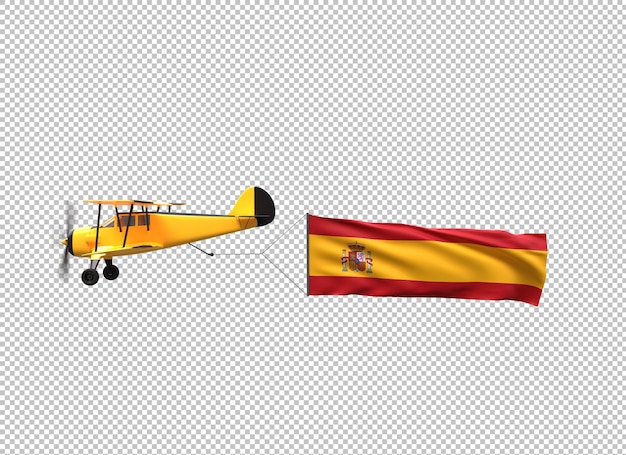 flying airplane with spain flag on a transparent background
