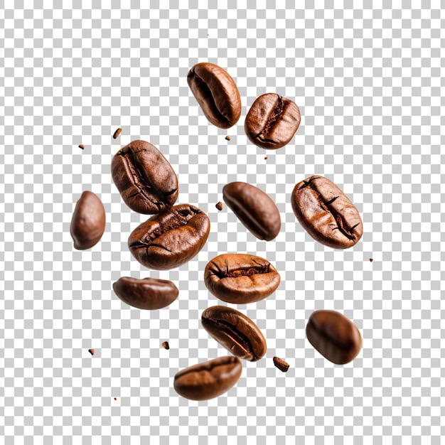 透明な背景に新鮮なコーヒー豆が飛んで落ちている