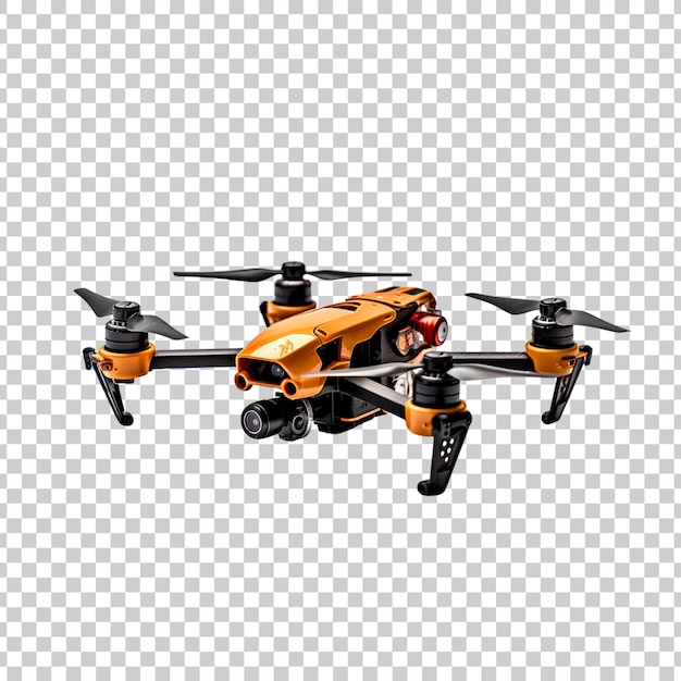 Flying drone with camera cutout isolated on a transparent background