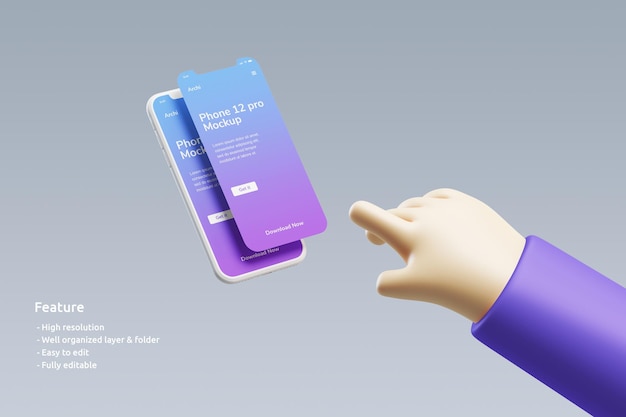 Flying smartphone mockup with double screen  and a cute 3d hand almost touch