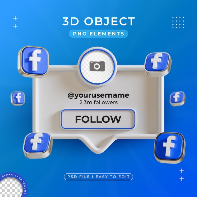 Free PSD follow us on facebook profile social media 3d render isolated for composition