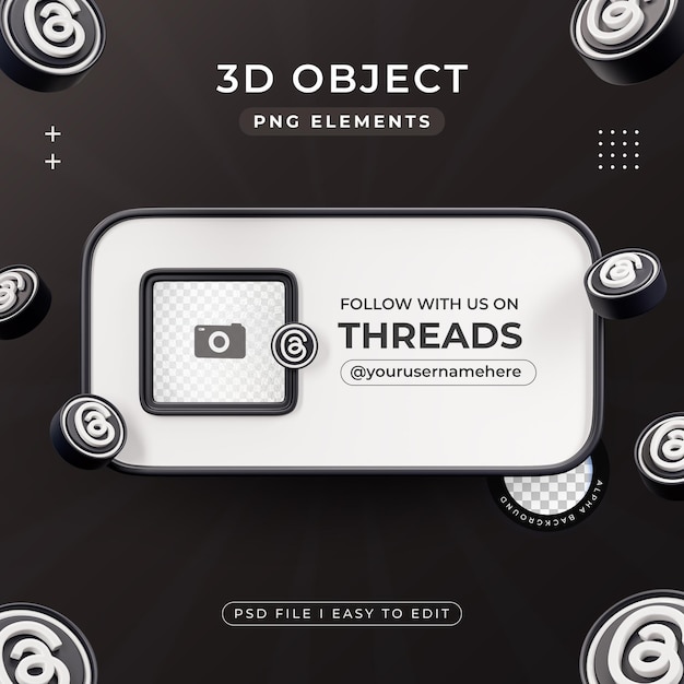 Free PSD follow with us on threads profile social media 3d render isolated for composition