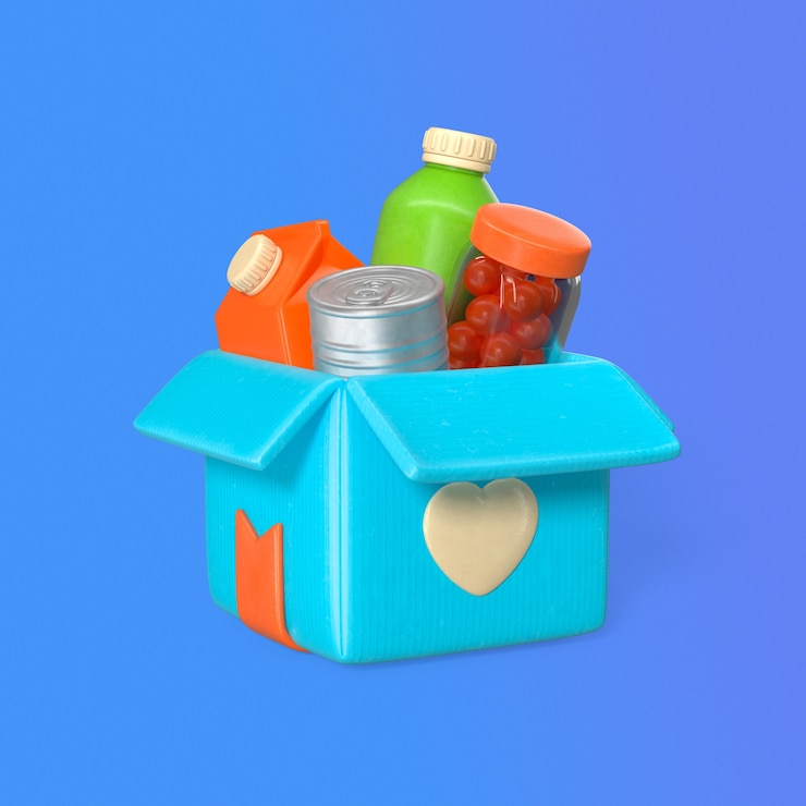 Бесплатный PSD коробка для пожертвований продуктов питания с консервами, апельсиновым соком, бутылкой помидоров и символом сердца