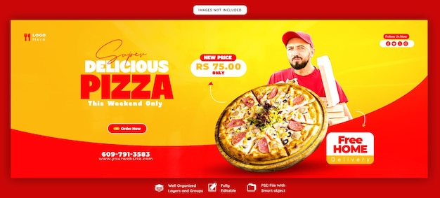 Бесплатный PSD Меню еды и вкусная пицца шаблон баннера на обложке facebook