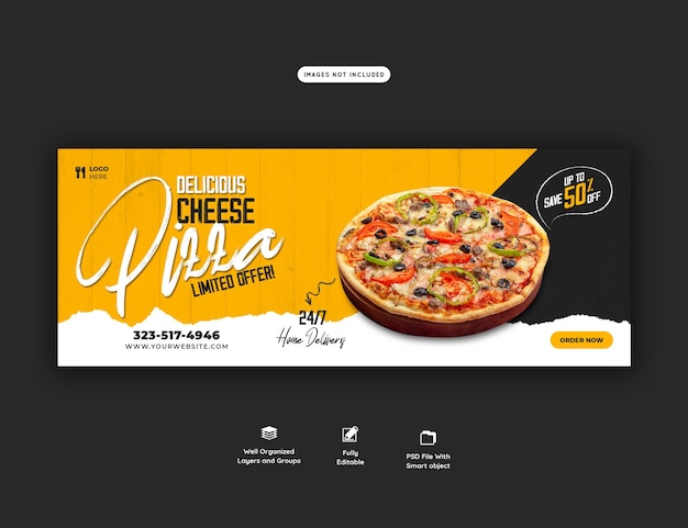 Бесплатный PSD Меню еды и вкусная пицца шаблон обложки facebook