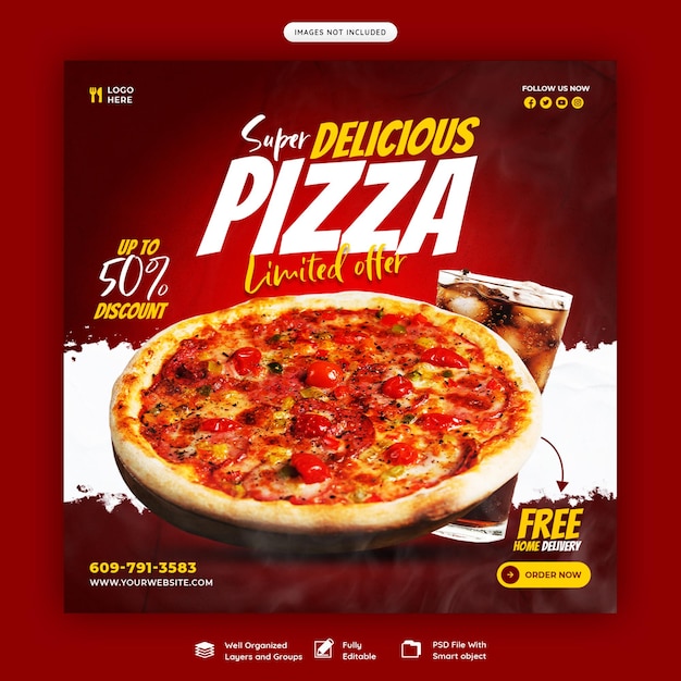フードメニューとおいしいピザのソーシャルメディアバナーテンプレート