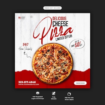 Меню еды и вкусная пицца шаблон баннера в социальных сетях