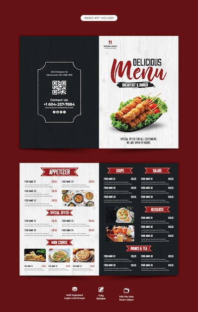 Бесплатный PSD Меню еды и шаблон брошюры ресторана в два раза