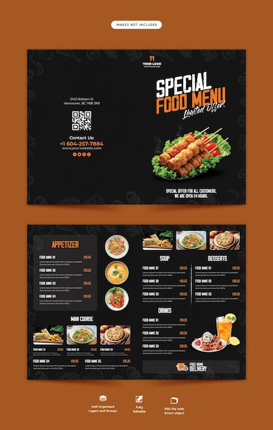 Бесплатный PSD Меню еды и шаблон брошюры ресторана в два раза
