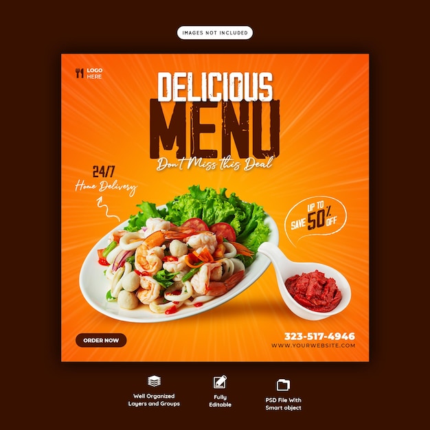 Бесплатный PSD Шаблон баннера меню еды и ресторана в социальных сетях