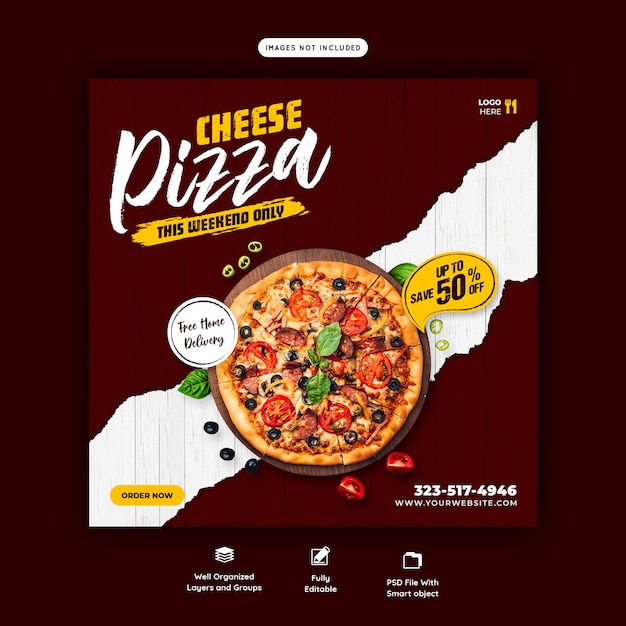 Food menu and cheese pizza social media banner template